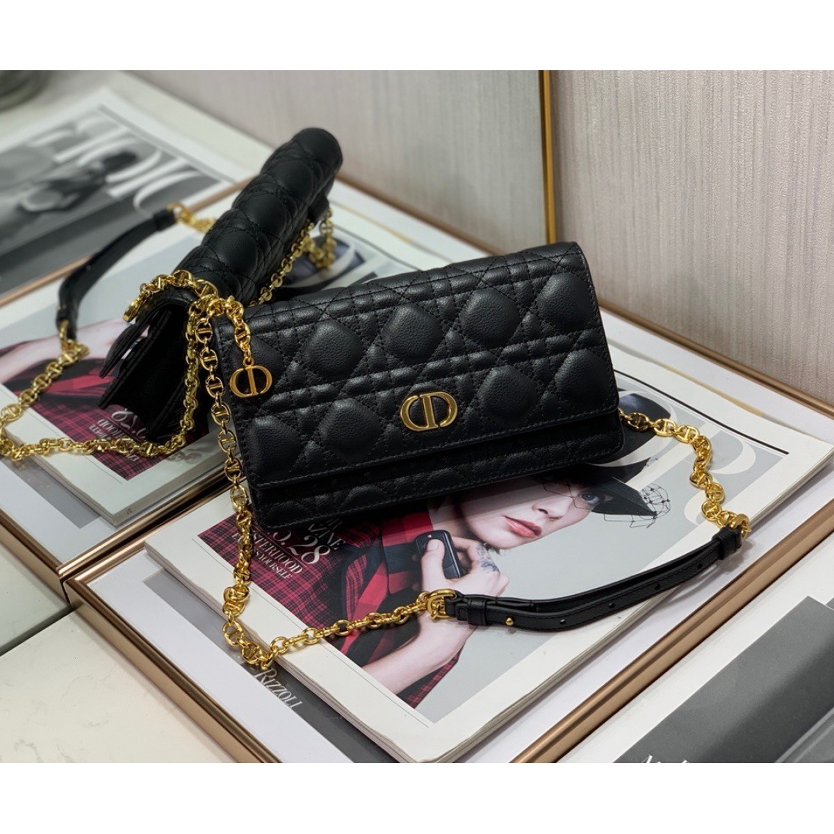 Dior Caro Chain Pouch In Black Cannage Calfskin High Quality Replica